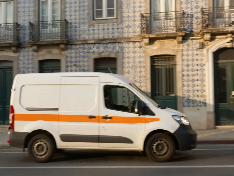 Carrinha de entregas a circular numa rua histórica portuguesa