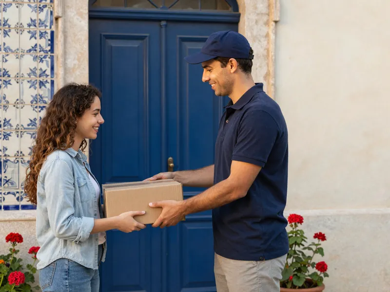 Estafeta a entregar uma encomenda à porta de casa da cliente